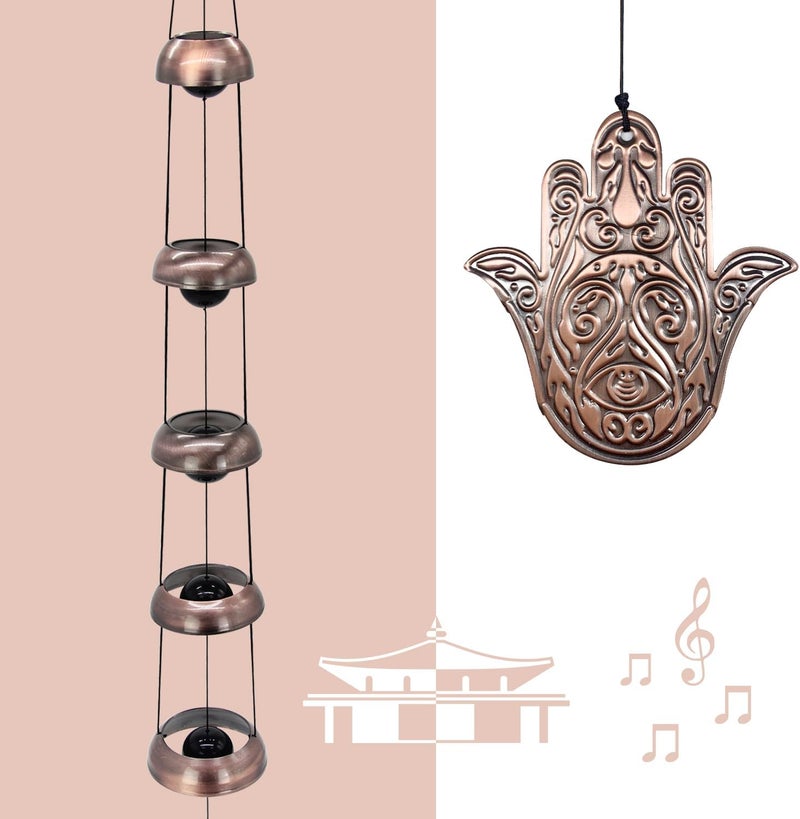 ASTARIN Copper Hand of God Temple Wind Chime – 5-Bell Red Copper Feng Shui Chime with Sacred Hand of God Medallion for Porch, Patio, Garden Décor & Memorial Keepsake - Image 2